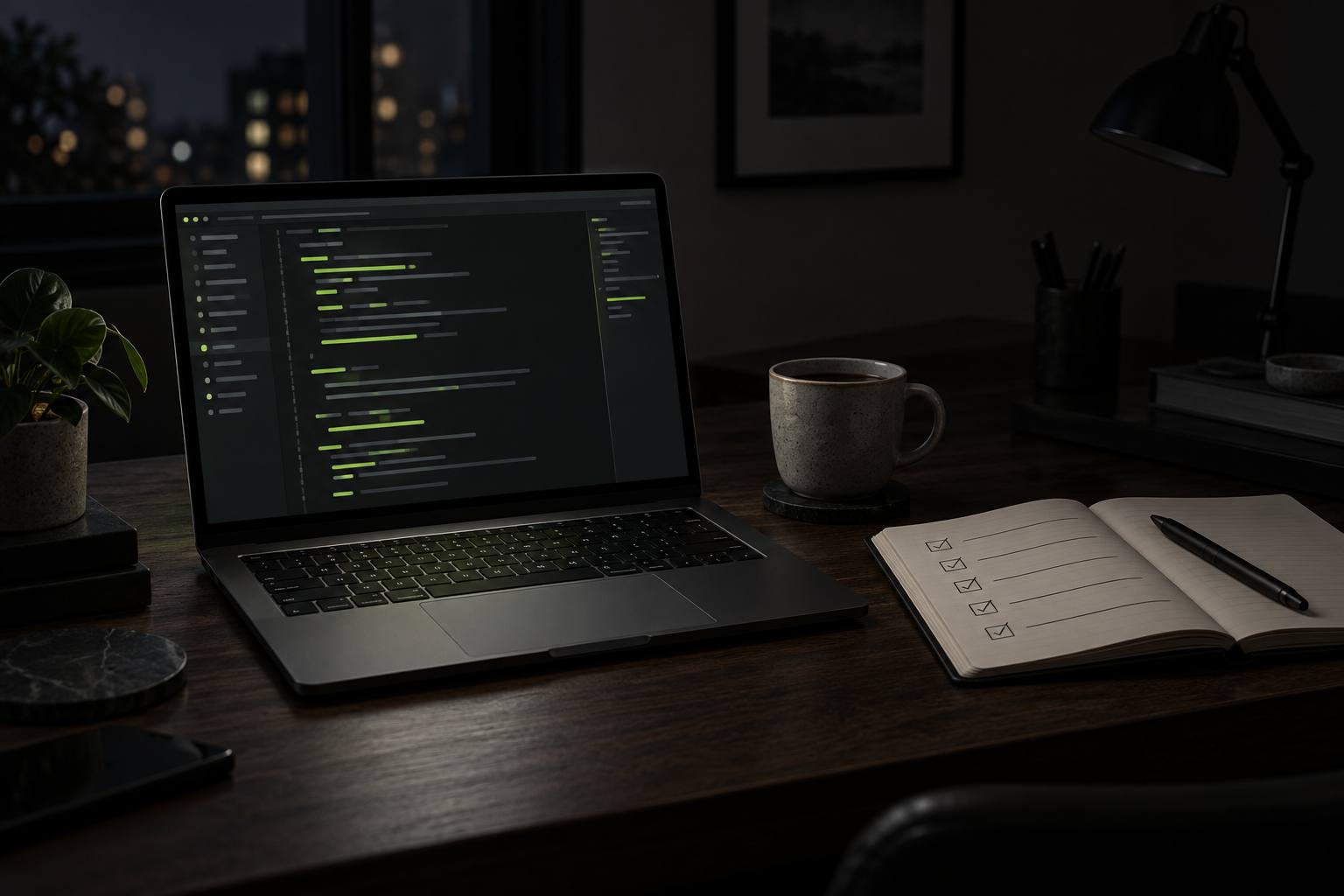 A laptop showing a dark code editor beside a notebook checklist at night.