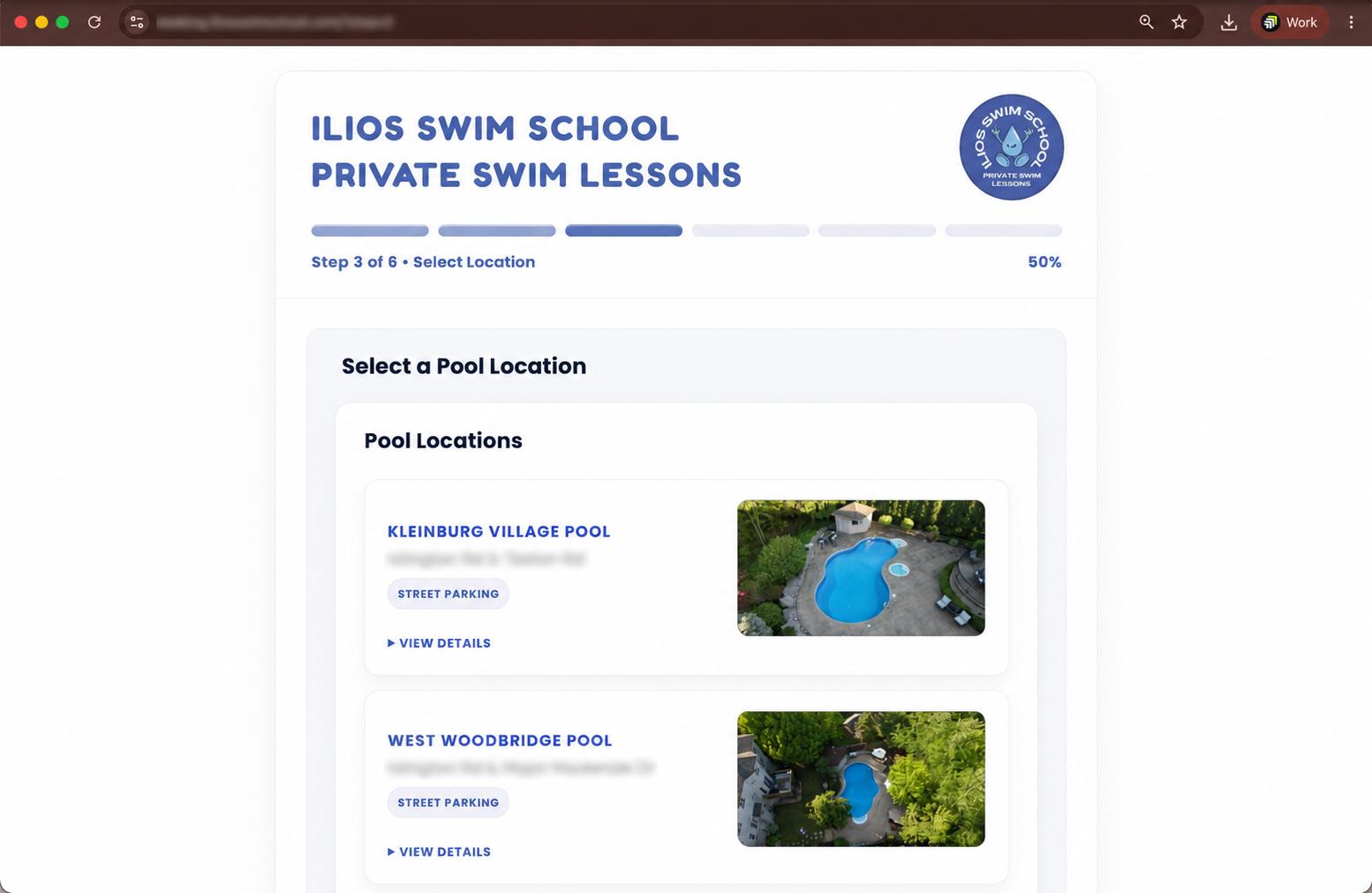 Parent booking flow on step 3 of 6, choosing a pool location.
